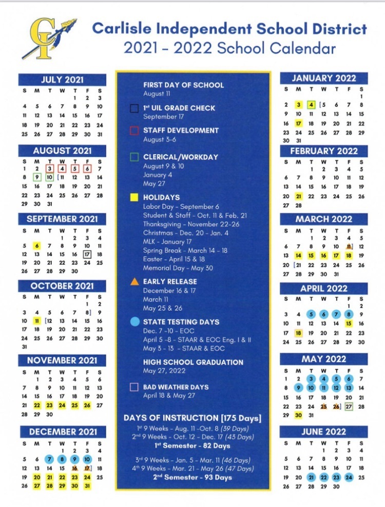 Calendar for the 2021-22 school year  